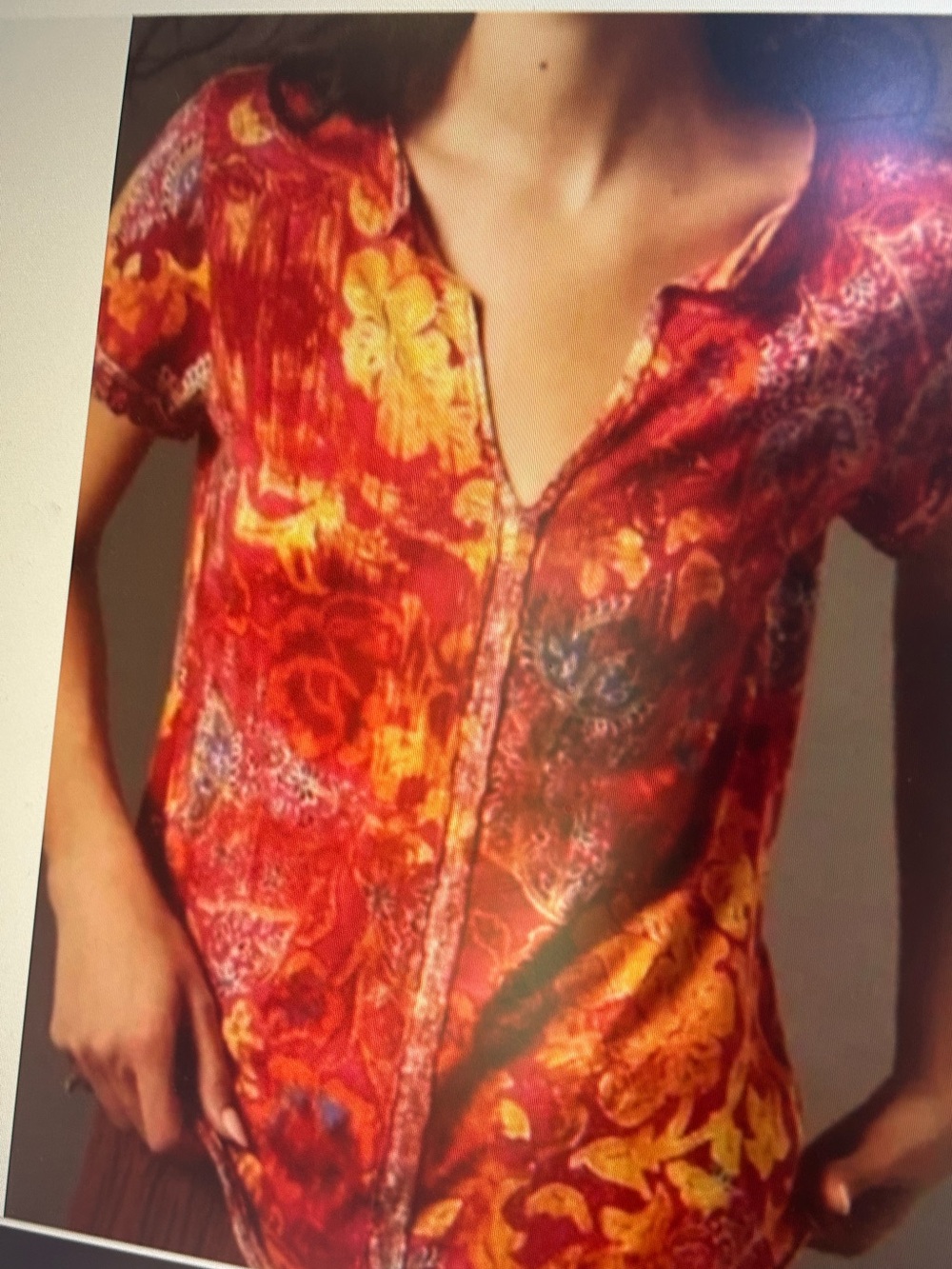 Pilcro Short Sleeve Spliced Neck Tee in Orange, Red & Blue Print